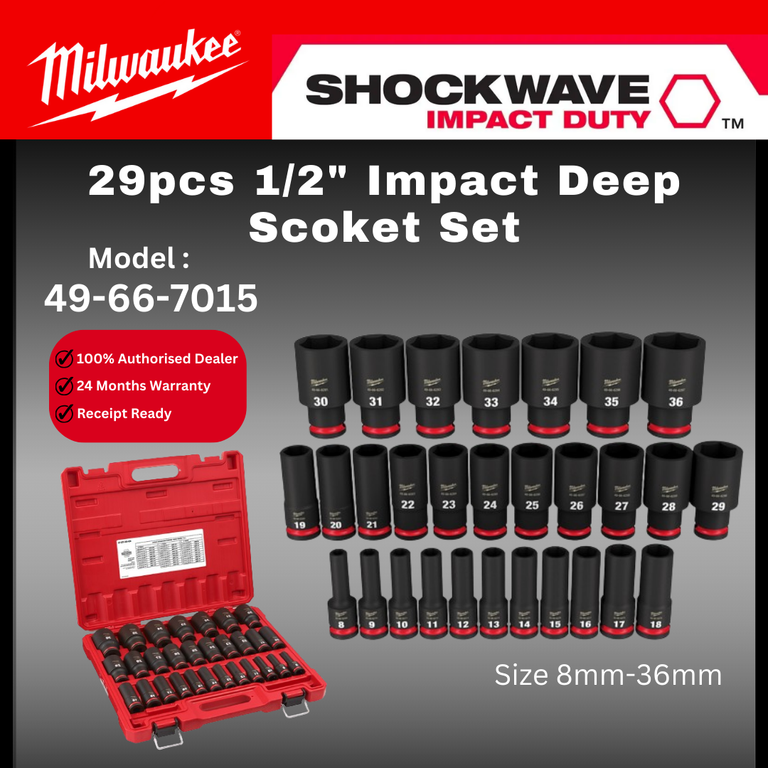 Milwaukee 29pcs 1/2" Impact Deep Socket Set / 49-66-7015 / Deep Impact Socket / 1/2" Socket with Case 29pcs Set