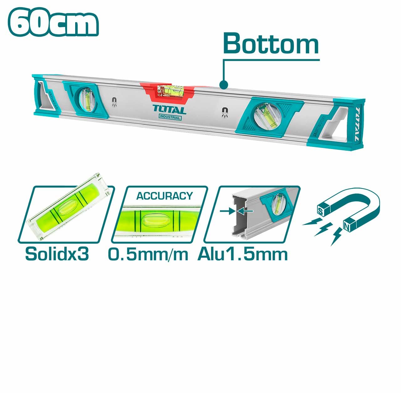 TOTAL SPIRIT LEVEL (60CM) 3 SPIRIT BUBBLE (45° 90° 180°) STRONG MAGNET + SHOCK ABSORBING RUBBER END CAPS - TMT26086M