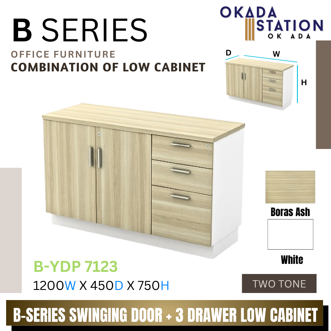 VS B SERIES SWINGING DOOR + 3 DRAWER FIXED PEDESTAL COMBINATION LOW CABINET- (B-YDP 7123) / B SERIES / WOODEN COMBINATION LOW CABINET / COMBINATION LOW CABINET / LOW CABINET / SWINGING DOOR + FIXED PEDESTAL 2D1F / CABINET