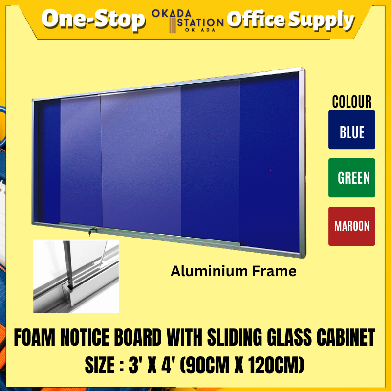 FOAM NOTICE BOARD WITH SLIDING GLASS CABINET / NOTICE BOARD / 3' X 4' / 3FT X 4FT / SCF-34 / COLOUR FOAM BOARD / FOAM NOTICE BOARD / FOAM BOARD WITH GLASS CABINET / SLIDING GLASS NOTICE BAORD / PIN BOARD