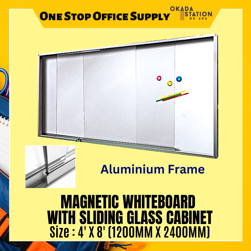 MAGNETIC WHITEBAORD WITH SLIDING GLASS CABINET (ALUMINIUM FRAME) 4' X 8' MAGNETIC WHITEBAORD WITH SLIDING GLASS CABINET (ALUMINIUM FRAME) - WITHOUT INSTALLATION & WITH INSTALLATION/ MAGNETIC WHITEBOARD / WHITEBOARD / GLASS CABINET WHITEBOARD / WHITEBOARD WITH SLIDING GLASS CABINET / SCM-48