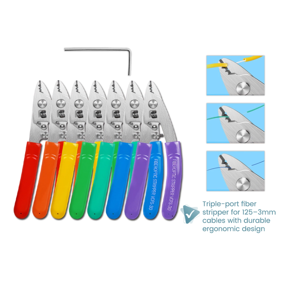 TRIPLE-PORT FIBER OPTIC STRIPPER TOOL 125?M TO 3MM PRECISION CABLE STRIPPING (RANDOM COLOURS)