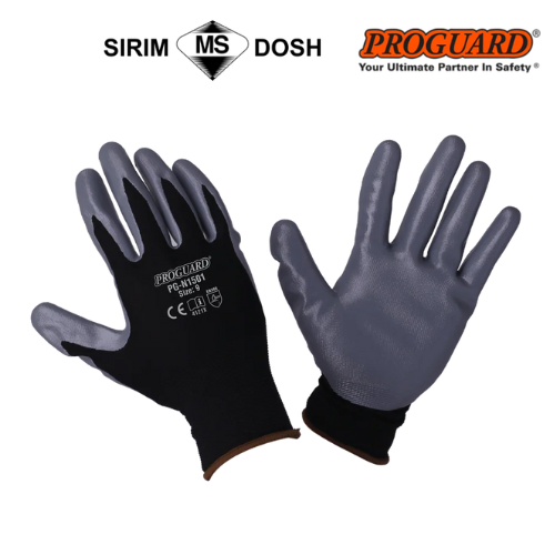 Proguard 15 Gauge Snug Fit Black Nylon Shell Grey Nitrile Coated Glove PG-N1501