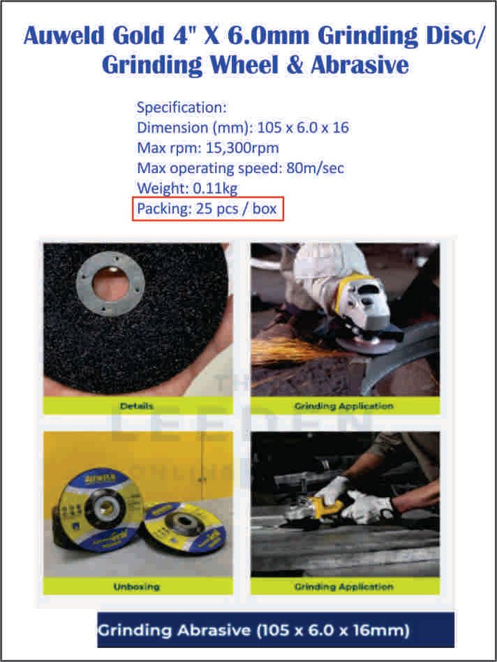 Ocha Auweld Gold 4'' x 6.0mm Grinding Disc / Grinding Wheel / Abrasive - Free delivery peninsular malaysia