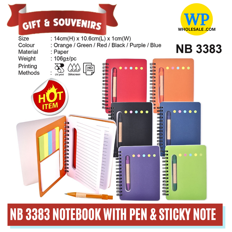 OKADA GIFT & SOUVENIRS: NB 3383 NOTEBOOK WITH PEN & STICKY NOTE - WITHOUT & WITH LOGO PRINTING / NOTEBOOK SET / NOTEPAD WITH PEN & POST IT NOTE / HADIAH