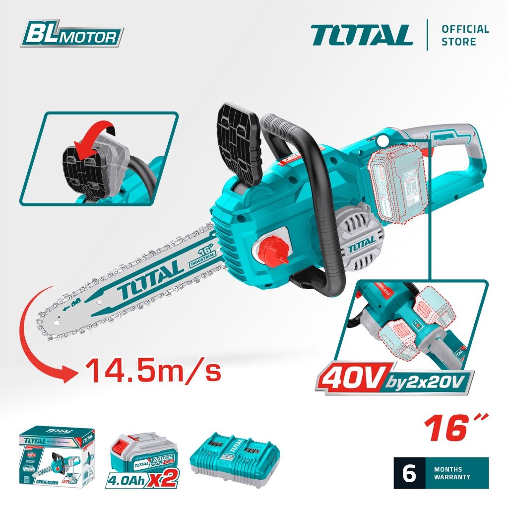 TOTAL LI-ION CHAIN SAW (16"/40CM/20V+20V) BRUSHLESS MOTOR + QUICK CHAIN BRAKE + AUTO LUBRICATION P20S TGSLI401682