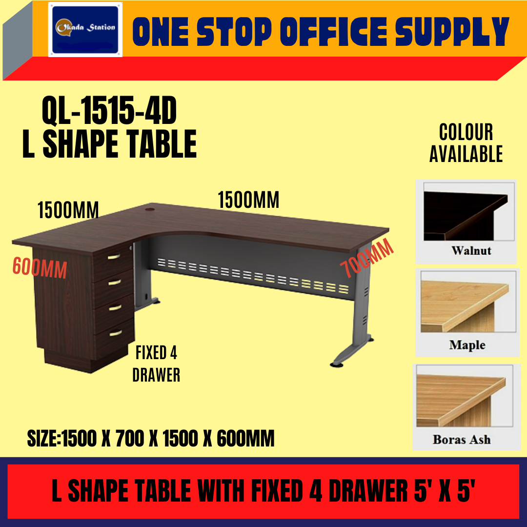 Table L SHAPE TABLE WITH FIXED 4 DRAWER -5' X 5' / L SHAPE TABLE / OFFICE TABLE / QL1515 / EXECULTIVE TABLE