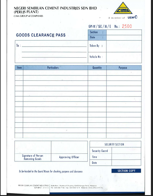 OK CIMA : GOODS CLEARANCE PASS / PRINTING