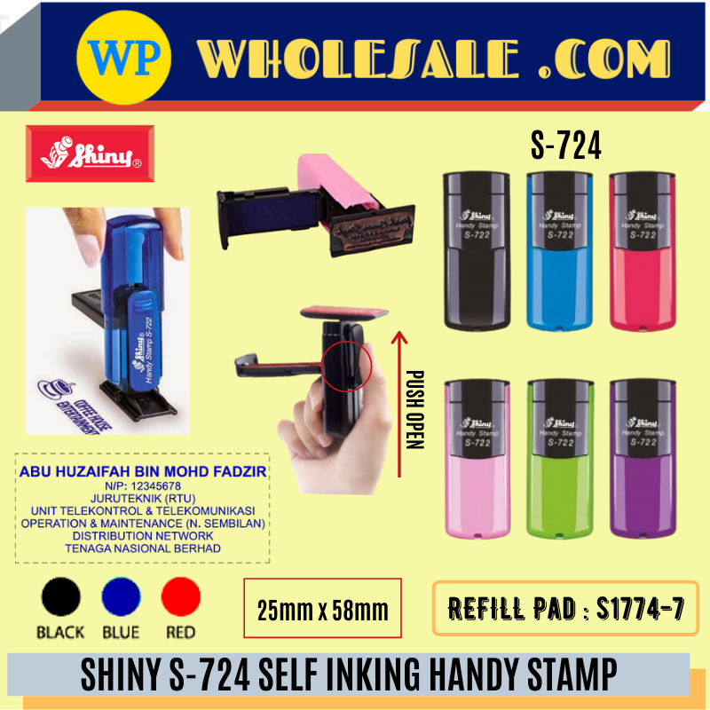 SHINY S-724 SELF INKING HANDY STAMP WITH RUBBER -25MM X 58MM /Shiny /S-724 /Self Inking Handy Stamp /Rubber Stamp /Color Stamp /Chop