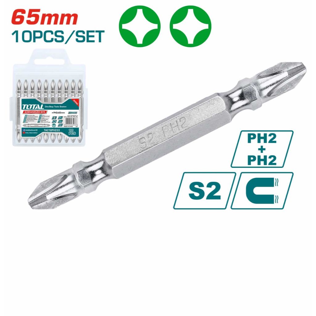 TOTAL SCREWDRIVER BITS PHILLIPS PH2 ON BOTH ENDS S2 STEEL WITH MAGNET IN PLASTIC CASE (65MM X 10 PCS) TAC16PH233