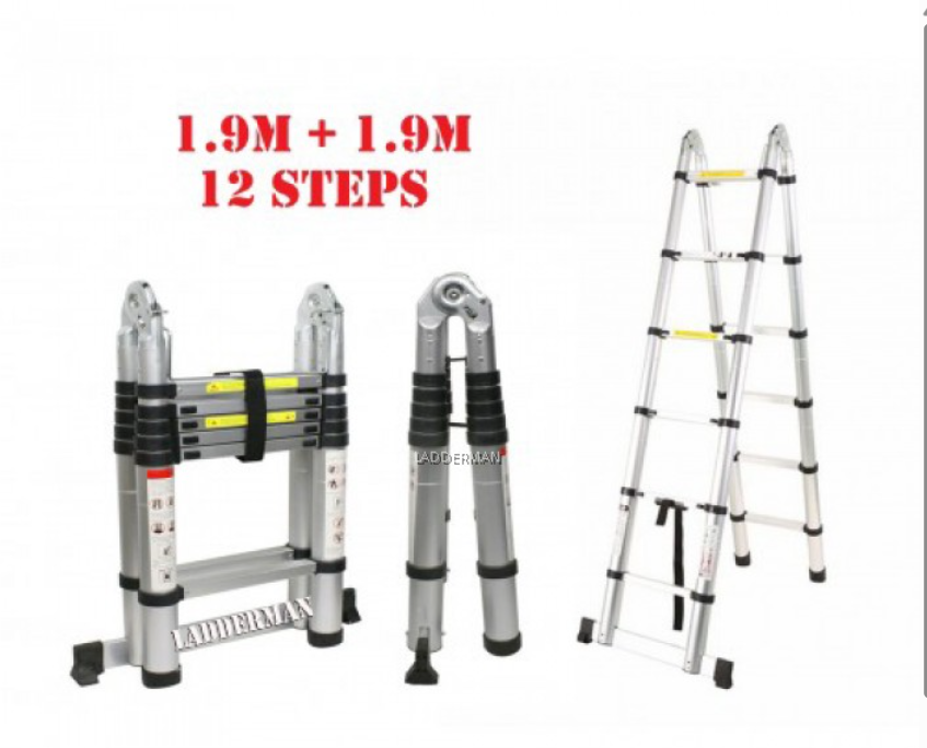 3.8M (1.9M+1.9M) DOUBLE-SIDED MULTIPURPOSE TELESCOPIC EXTENDABLE ALUMINIUM LADDER T2W19