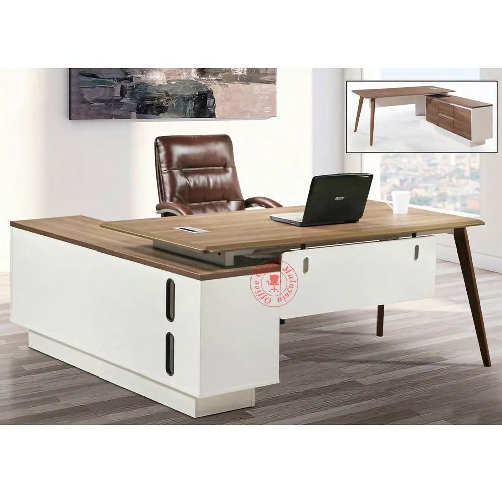 OEM Director / CEO / Manager Office L Shape Table + Director Office Chair (Full Leather) (High Back Chair )