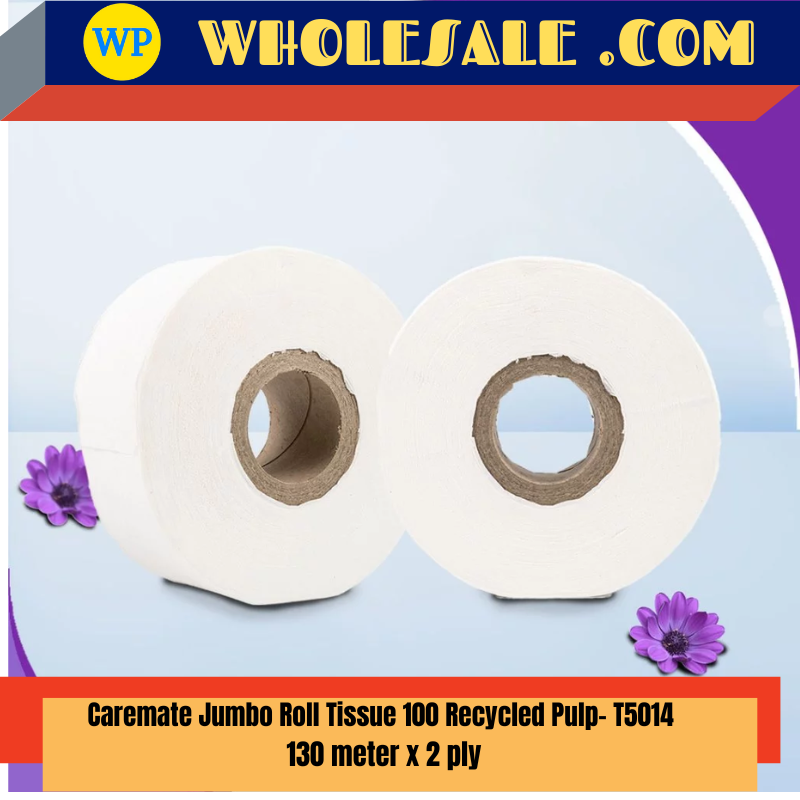 CAREMATE T5014 / Caremate Jumbo Roll Tissue 100 - Recycled Pulp / 130 Meter x 2 Ply / Tisu Tandas Jumbo Office/ Kilang Murah