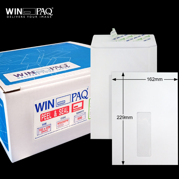 WINPAQ 6.375"X9" WINPAQ 100GM WHITE WINDOW P&S POCKET ENVELOPE (500'S/BOX)