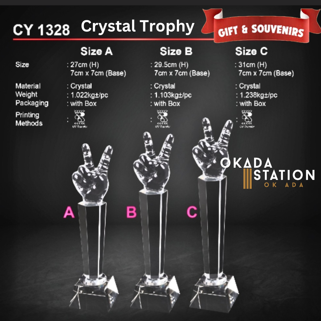 OKADA GIFT & SOUVENIRS: CY 1328 CRYSTAL TROPHY WITH PRINTING - 3 SIZE / CRYSTAL AWARD / AWARD TROPHY / CRYSTAL / TROPHY / AWARD / CY 1328-A / CY 1328-B / CY 1328-C / 27CM(H) / 29.5CM(H) / 31CM(H)