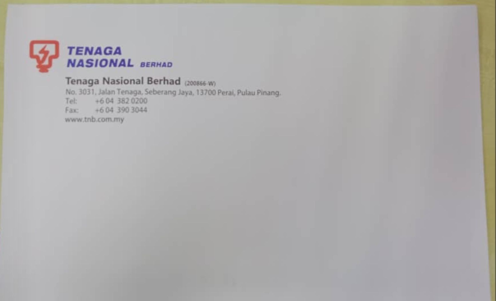 Sampul Putih Berukuran A5 100gsm Dengan Logo TNB (5,000 Keping)