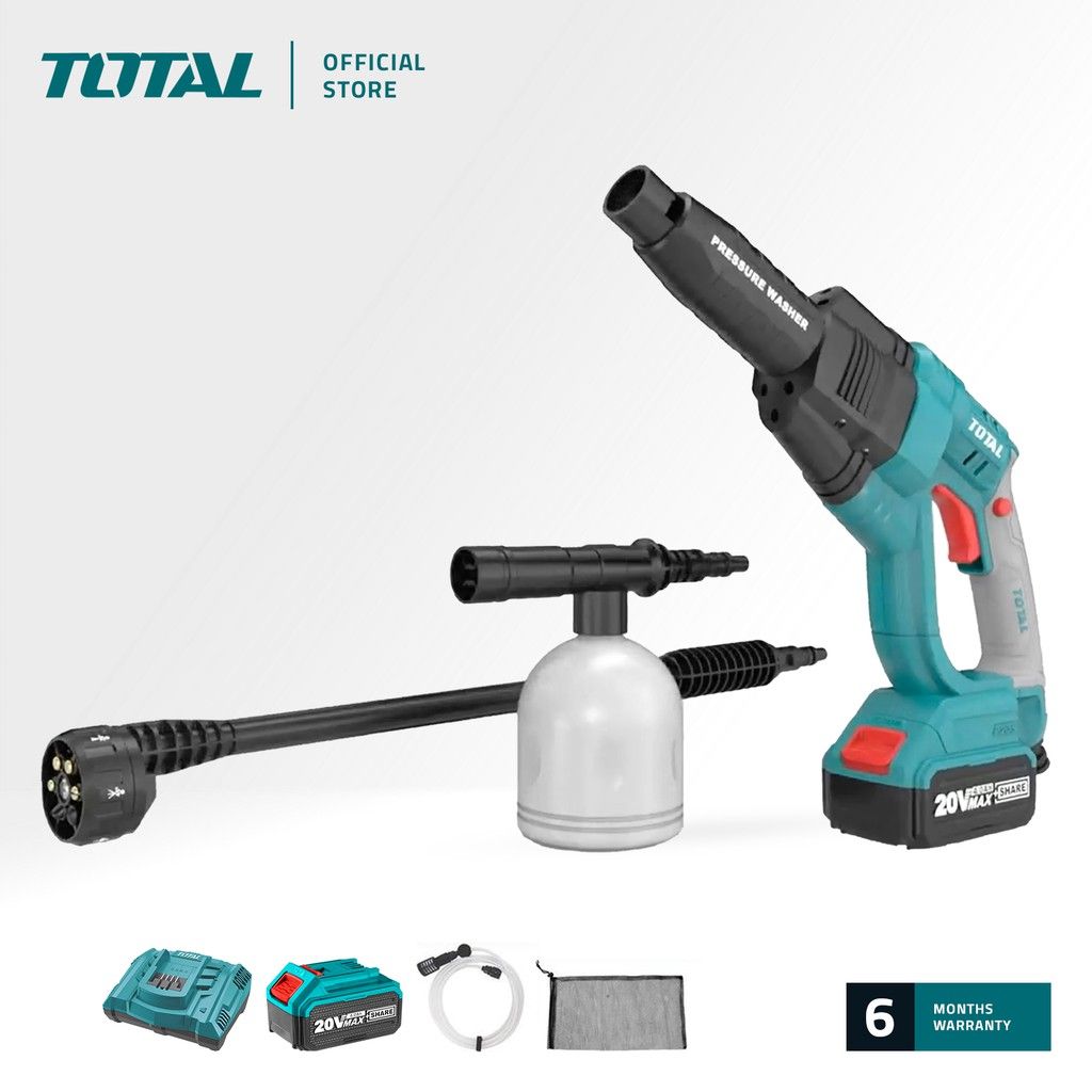 TOTAL TPWLI20084 LI-ION PRESSURE WASHER (PRESSURE WASHER WITH AUTO START/STOP FUNCTION. PACKAGE COMES WITH 1 PC 6-PATTERN SPRAY GUN 1 PC WATER INLET HOSE WITH QUICK CONNECTOR: 6M 1 PC SELF SUCTION CONNECTOR 1 PC FOAM PRODUCER: 400ML 1 PC PORTABLE BAG