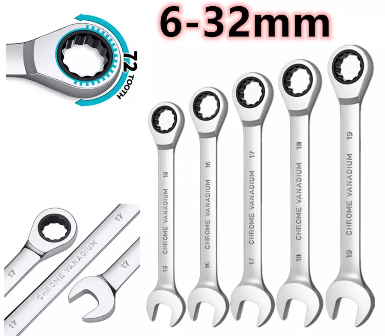 NA Tooth Ratchet Geared Wrench Heavy Duty Combination Spanner Wrench Set (6-32mm 72mm)