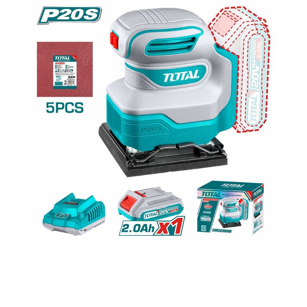 TOTAL LI-ION PALM SANDER (20V) + 2.0AH BATTERY + CHARGER + SAND PAPER (5 PCS/110MM X 100MM) P20S TSHSLI20141