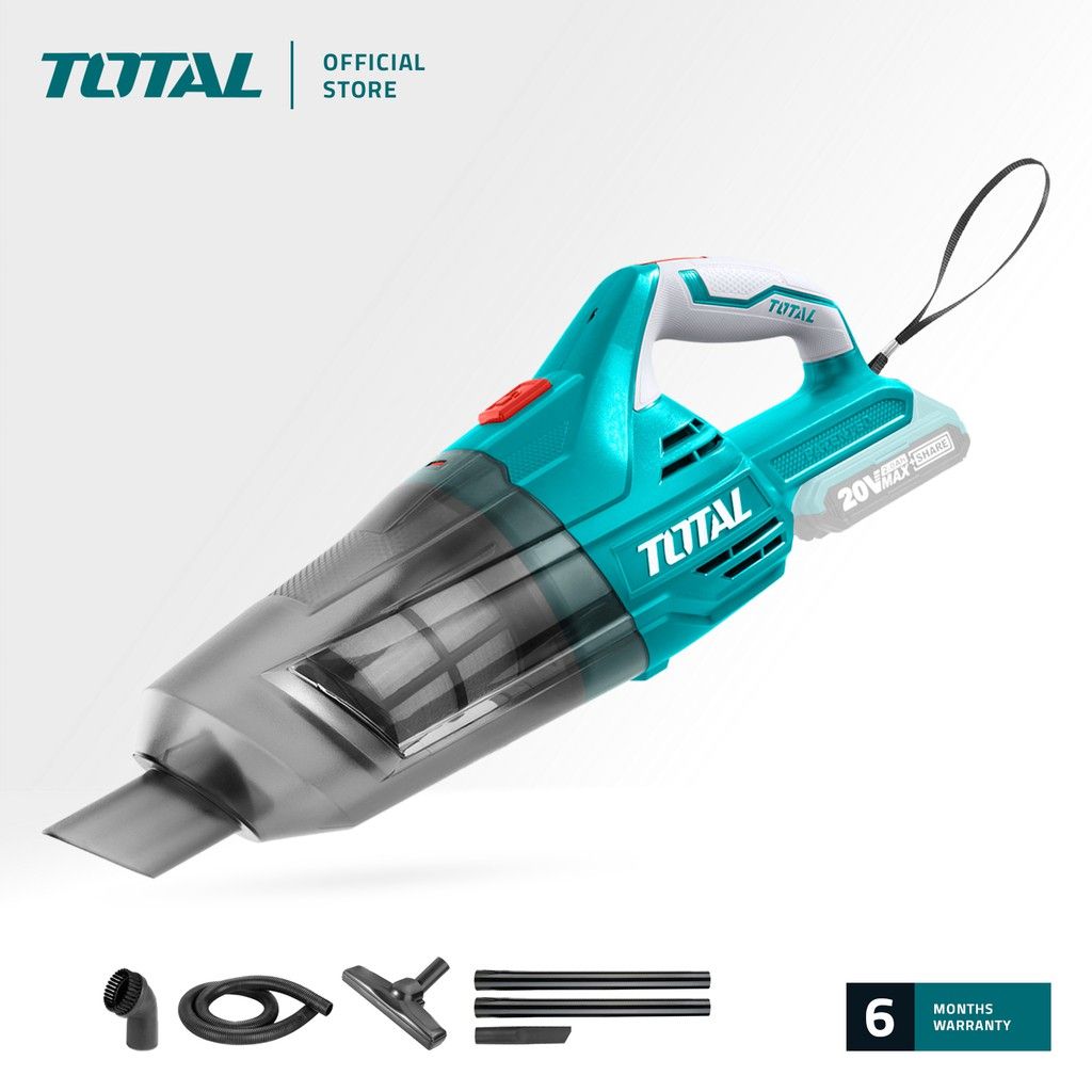 TOTAL TVLI2001 LI-ION VACUUM CLEANER (EQUIPPED WITH HEPA FILTER AND STAINLESS STEEL FILTER NET. PACKAGE COMES WITH 2 PCS EXTENSION TUBES 1 PC FLEXIBLE EXTENSION 1 PC FLOOR BRUSH 1 PC CREVICE NOZZLE 1 PC DUST BRUSH)