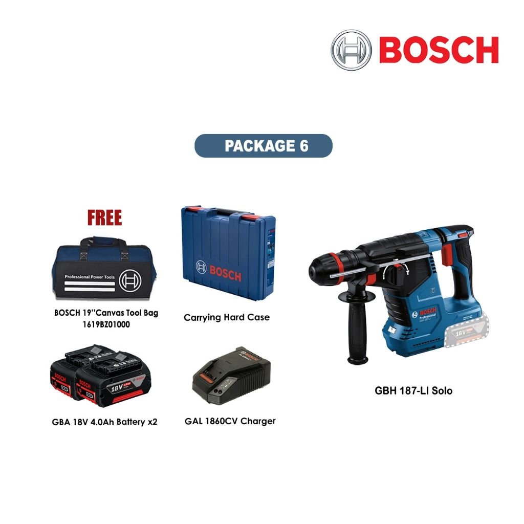 BOSCH 18V GBH187 Cordless Rotary Hammer with SDS Plus GBH 187 HEAVY DUTY BRUSHLESS MOTOR ONE CHUCK KIT