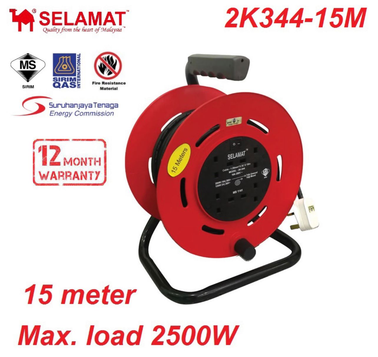 Selamat 2K344-15m x 4-Socket Heavy Duty Industrial Cable Reel (penghantaran ke Sabah/Sarawak)