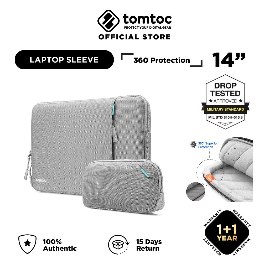 tomtoc A13 14 Inch Versatile 360 Protective Laptop Sleeve with Pouch - MacBook Pro & Air M1 M2