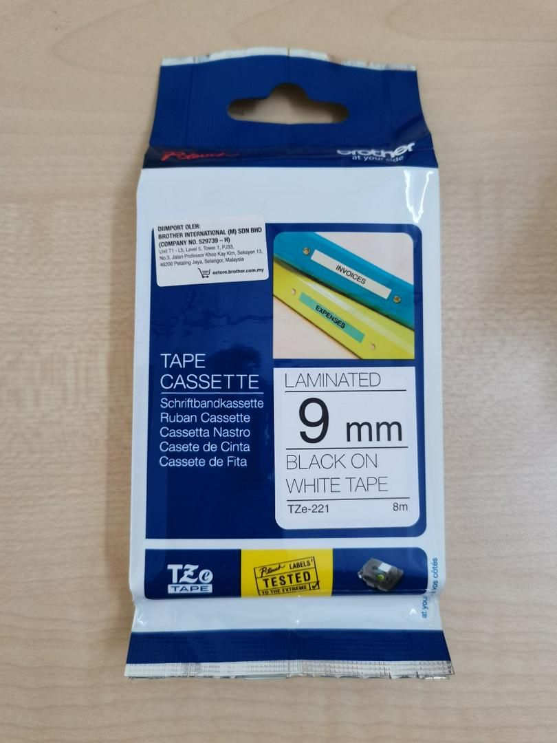 Brother Original TZe-221 9mm Black on White Genuine Laminated