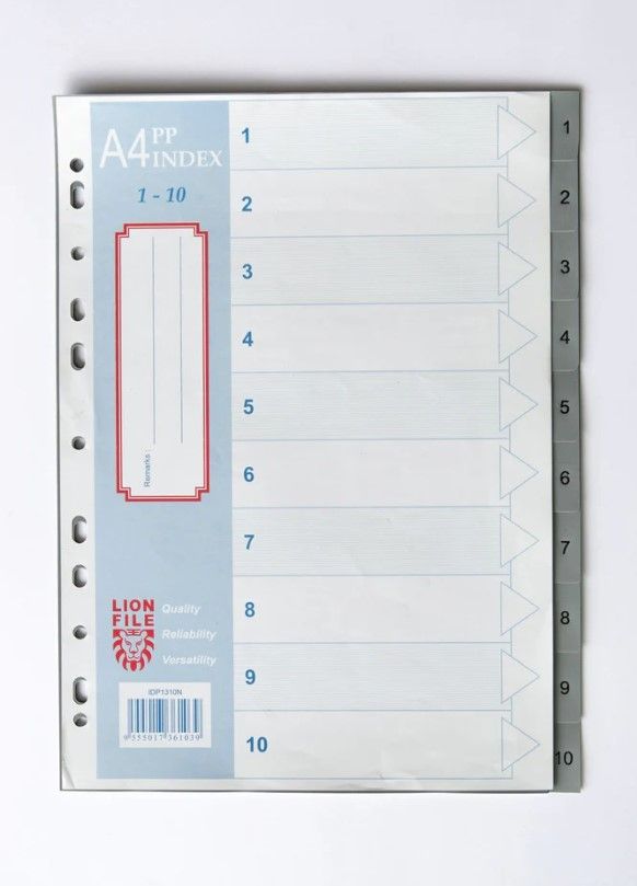LIONFILE A4 10 TAB INDEX DIVIDERS 0.13MM PP NUMBERED