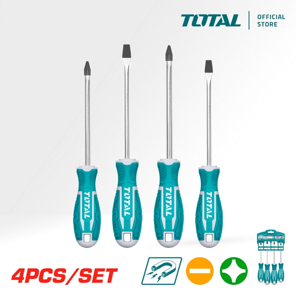 TOTAL SCREWDRIVER SET (4 PCS) WITH SLOTTED (SL5.5 + SL6.5) & PHILLIPS (PH1 + PH2) CR-V STEEL (MAGNETIC) THT250604