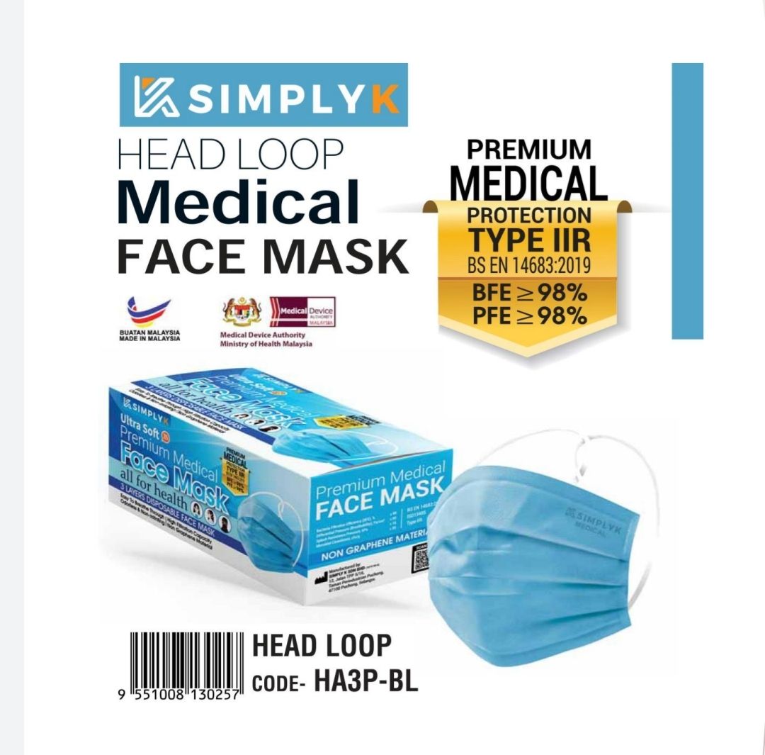 SimplyK Face Mask 3ply premium medical headloop