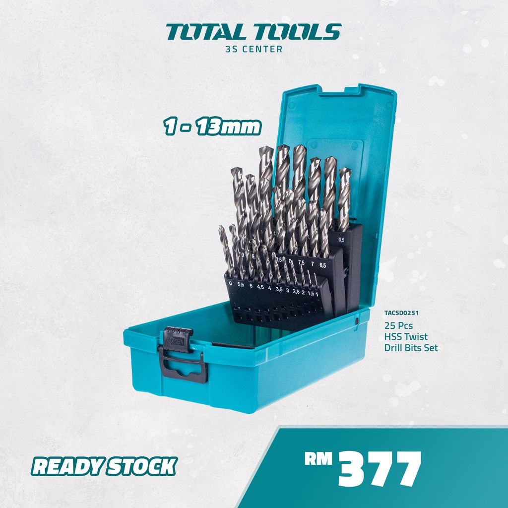 TOTAL 25 PCS HSS TWIST DRILL BITS SET (1 - 13MM) - TACSD0251