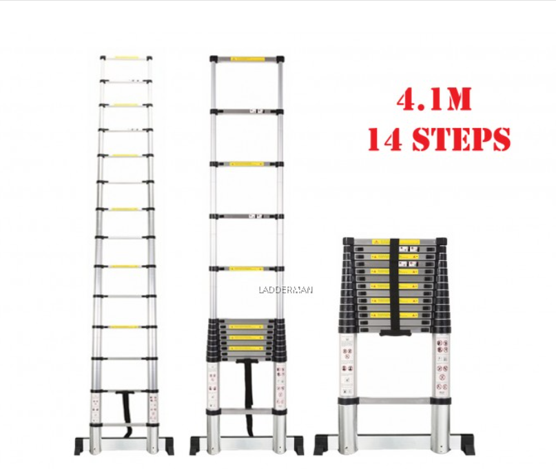 HIGH QUALITY ALUMINIUM TELESCOPIC EXTENDABLE LADDER 4.1M WITH 14 STEPS