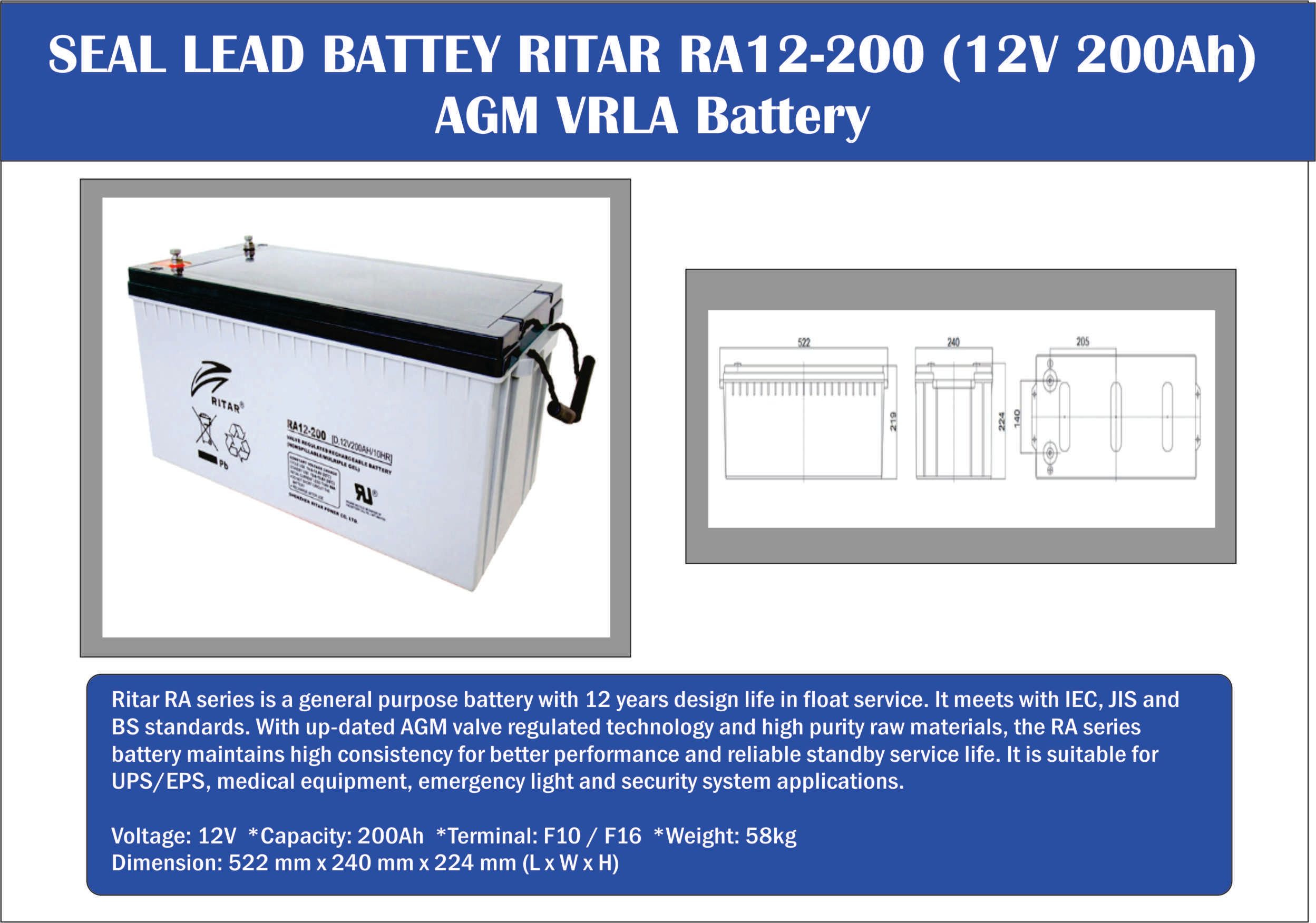 Ritar RA12-200 (12V 200Ah) Ocha Seal Lead Battery Ritar RA12-200 (12V 200Ah) AGM VRLA Battery