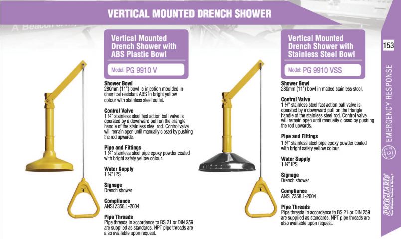 PROGUARD VERTICAL MOUNTED DRENCH SHOWER PG 9910 V / PG 9910 VSS - ANSI APPROVAL