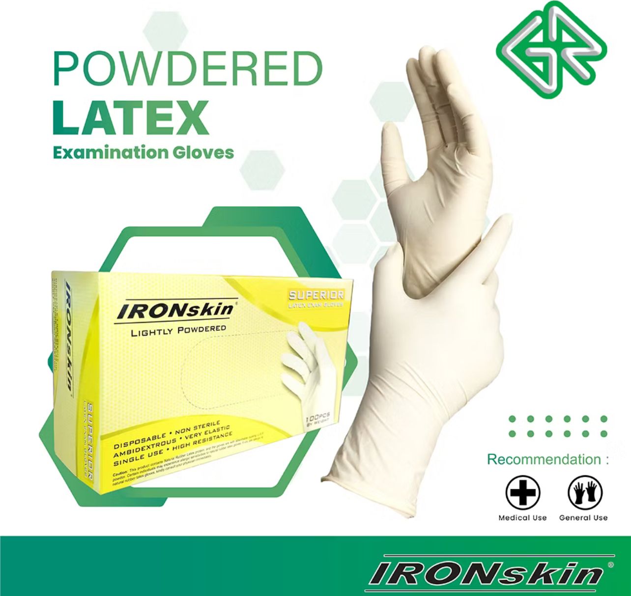 IRONskin Lightly Powdered Latex Examination Gloves 100 pieces/box Natural Rubber Latex Glove Made in Malaysia