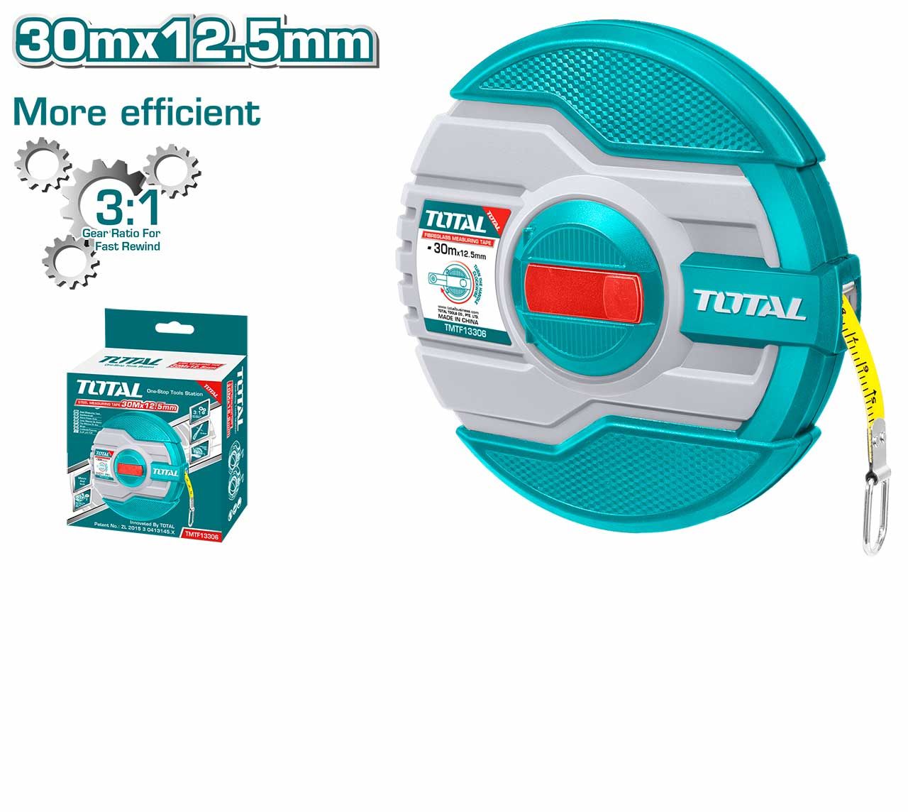 TOTAL FIBERGLASS MEASURING TAPE (30M * 12.5MM) FAST AND EFFICIENT REWIND WITH 3:1 GEAR RATIO - TMTF13306