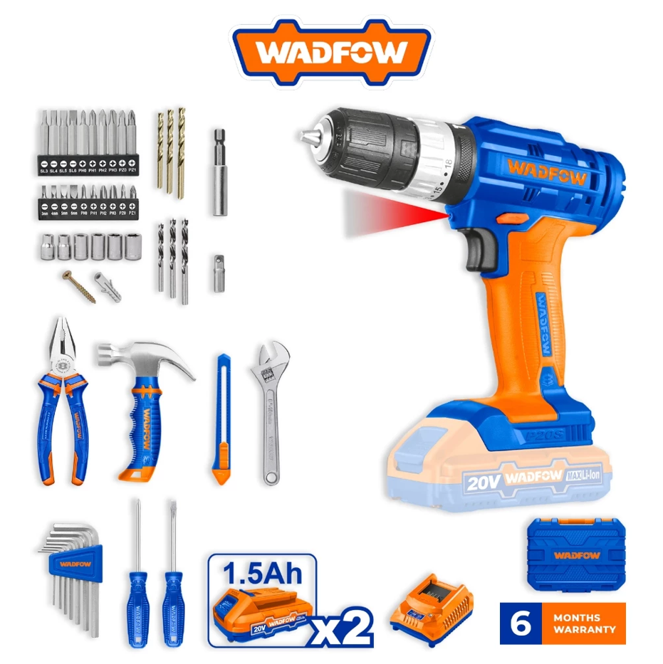 WADFOW 91 PCS TOOLS SET - LI-ION IMPACT DRILL + 2 BATTERY + SCREWDRIVER + PLIERS + HAMMER (WDT1B90)