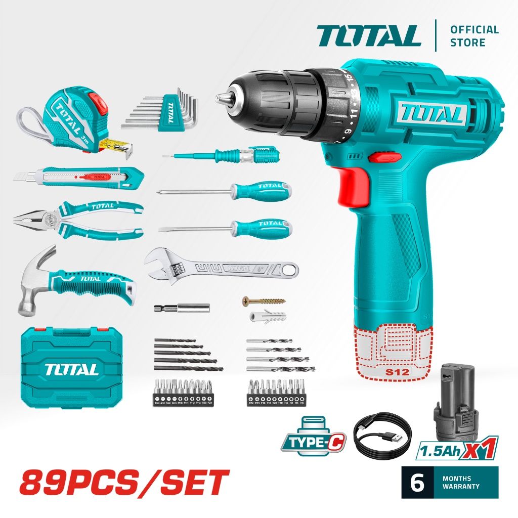 TOTAL TOOLS SET (89 PCS) S12 CORDLESS DRILL (12V) + SCREWDRIVER + PLIERS + BIT + MEASURING TAPE + CASE THKTHP10892