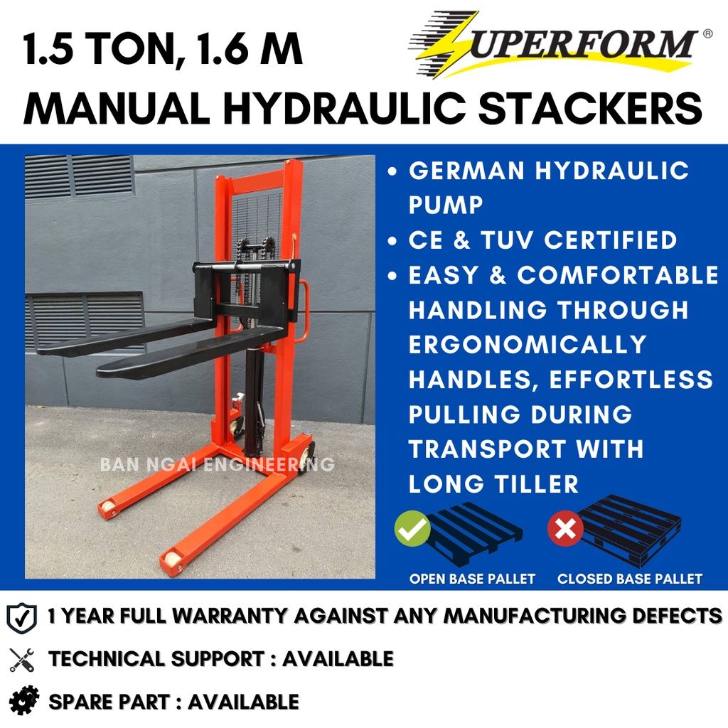 SUPERFORM 1.5 TON 1.6M STACKER HEAVY DUTY PREMIUM MANUAL HAND HYDRAULIC STACKER HAND LIFT HAND JACK | 1 YEAR WARRANTY
