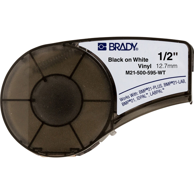 Brady M21-500-595-WT label cartridge (Black on White Vinyl, 1/2” / 12.7mm, for Brady M21 label printers)