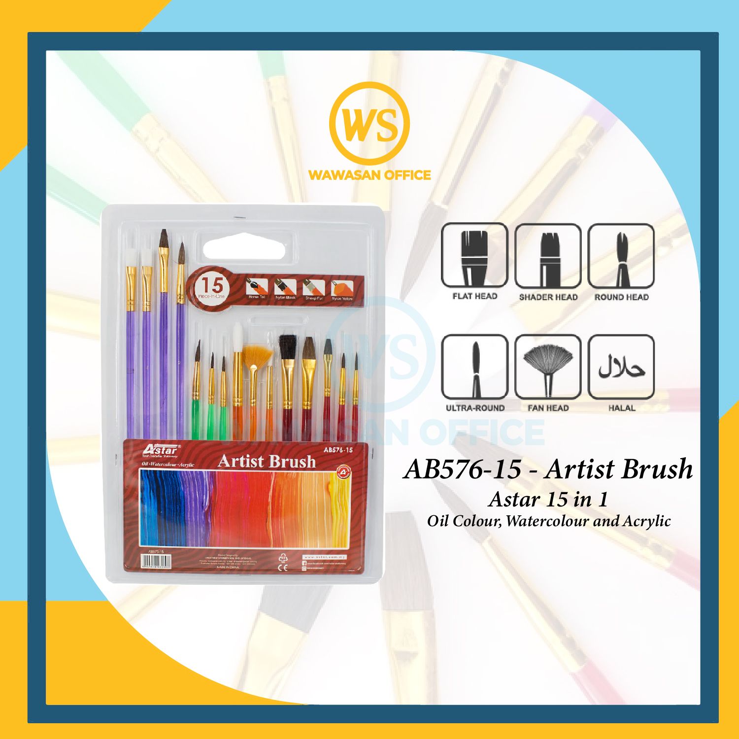 Astar Brush / Painting Brush / Drawing Brush / Watercolour Brush / Berus Lukisan - 15 in 1 Set