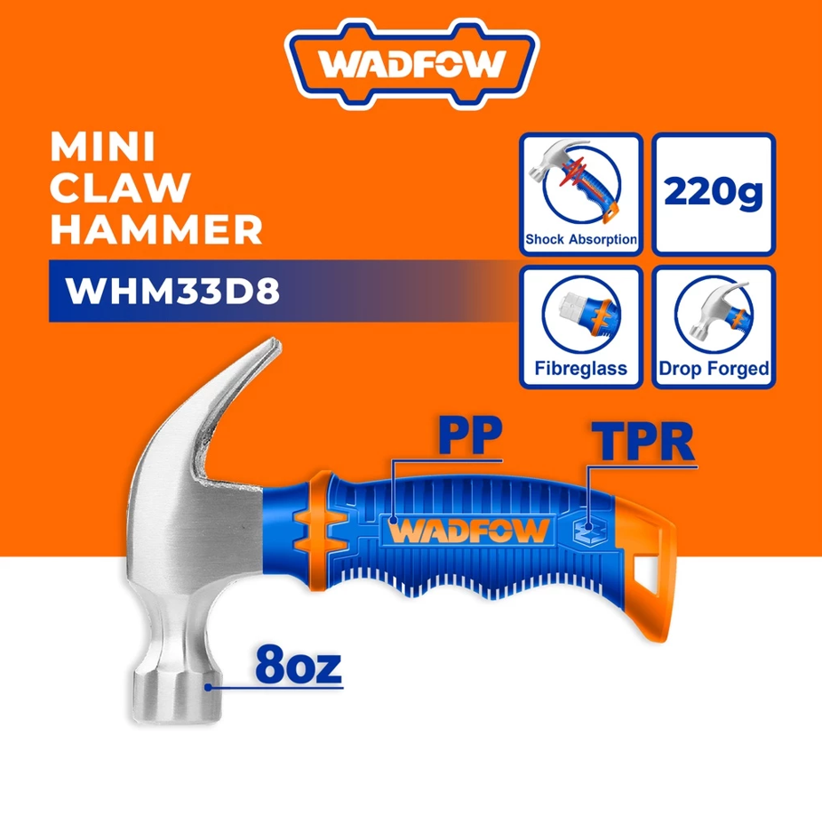WADFOW MINI CLAW HAMMER FIBERGLASS HANDLE DROP FORGED CARBON STEEL HEAD (220G) (WHM33D8)