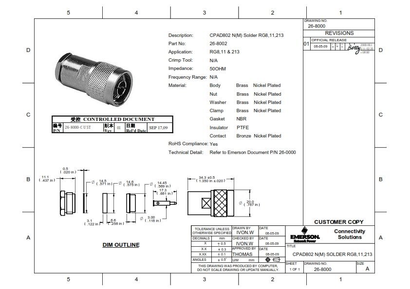 CINCH *Cinch Connectors 50 Ohm Straight Cable Mount, N Connector , Plug - 26-8000