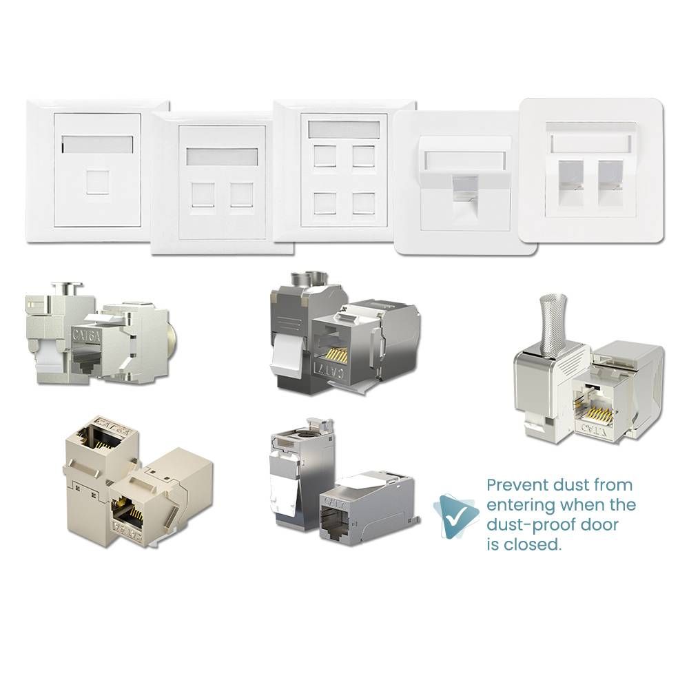 CAT6A CAT7 RJ45 SHIELDED KEYSTONE WITH 1 / 2 / 4 PORTS FLAT & DEGREE FACEPLATE SET