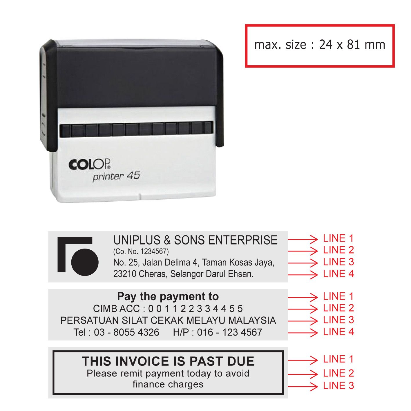 COLOP Self-Inking Text Stamp P45 24mm x 81mm