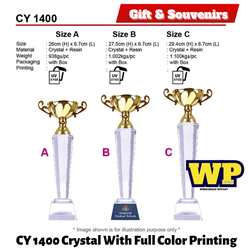 OKADA GIFT & SOUVENIRS : CY 1400 CRYSTAL WITH FULL COLOR PRINTING / CRYSTAL AWARD / AWARD TROPHY / TROFI / HADIAH /26CM(H) / 27.5CM(H) / 29.4CM(H) / 1PC
