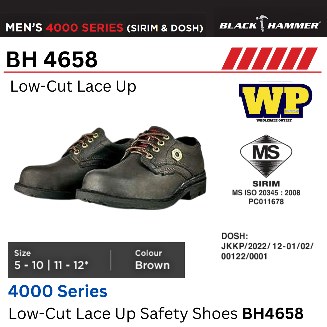 Black Hammer 4000 Series Low-Cut Lace Up Safety Shoes (SIRIM & DOSH) - BH4658 / Black Hammer / Black Safe / Low-Cut Lace Up / Safety Shoes / Safety Boots / Foot Protect / Kasut Kilang / Kasut Keselamatan / BH4658