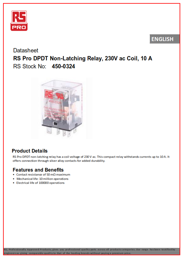 *RS PRO Plug In Power Relay, 230V ac Coil, 10A Switching Current, DPDT