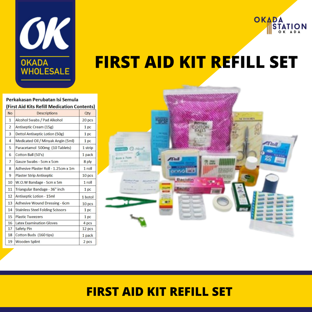 OKADA FIRST AID KIT REFILL / PETI KECEMASAN REFILL / FIRST AID BOX NOT INCLUDED (19 Medication Contents)